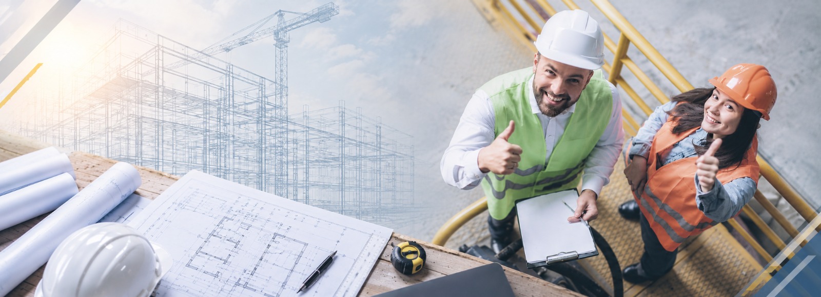 Dos profesionales en obra con los pulgares arriba